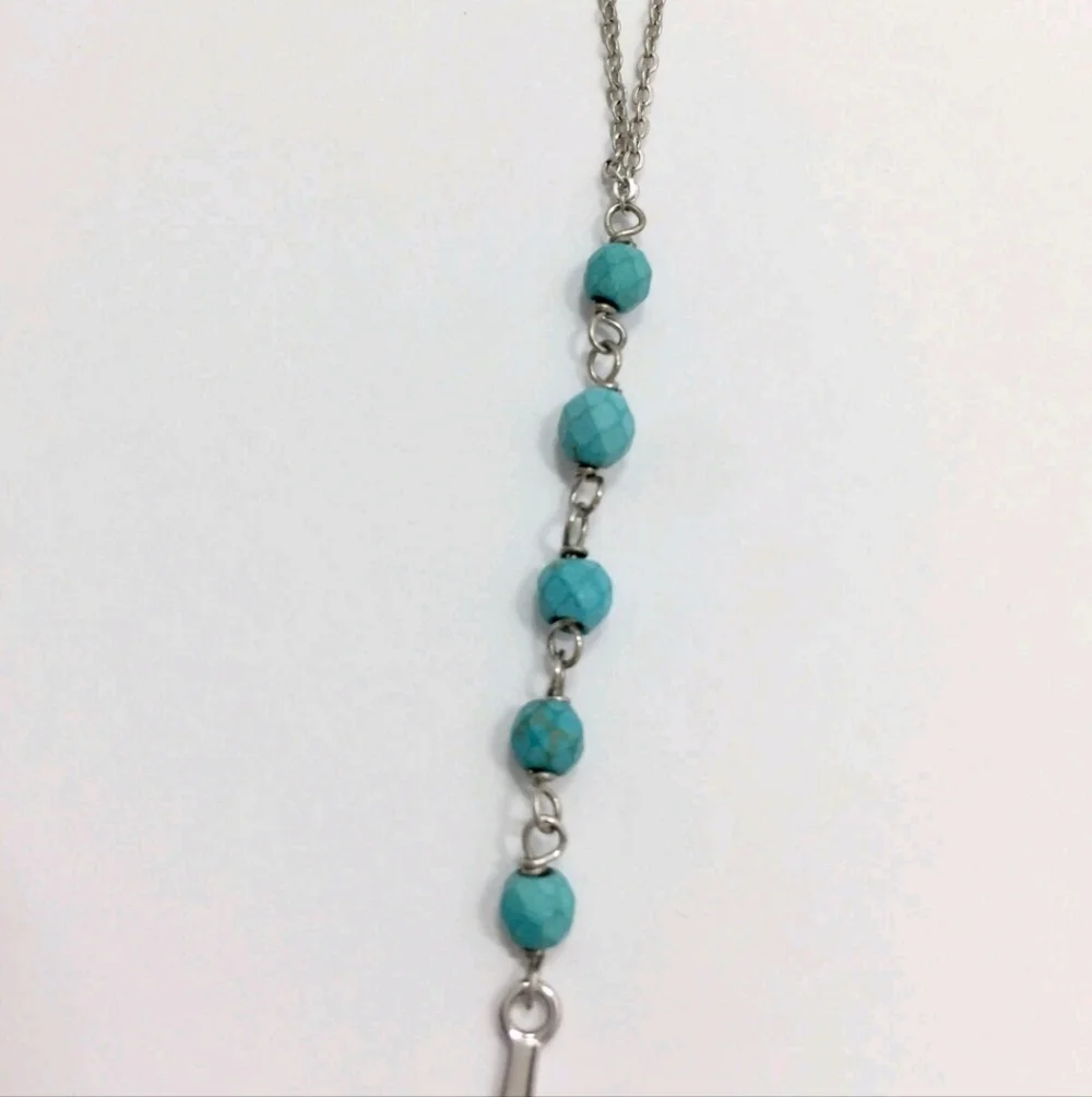 Silver Cross Necklace with Blue Beads